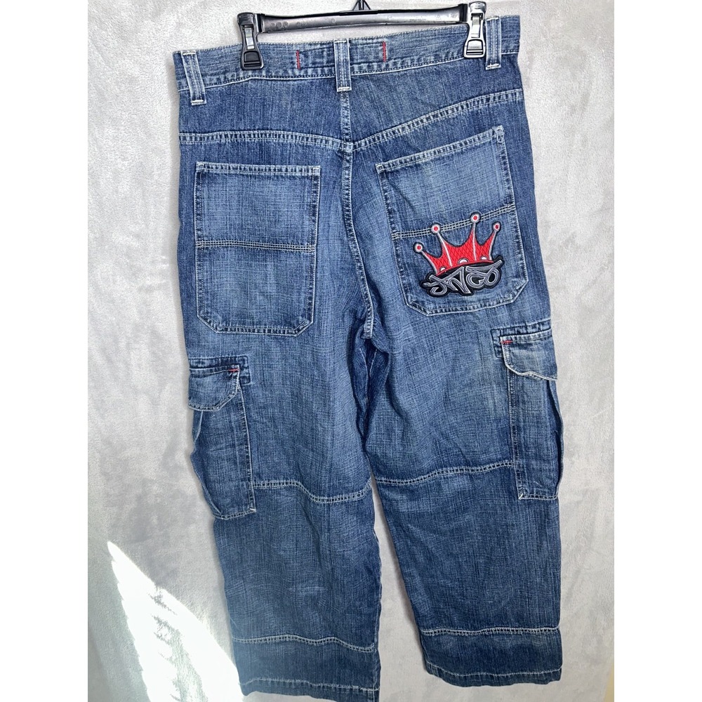VTG JNCO Jeans Red Tribal Crown Logo Grunge Cargo  Mens 34x32  Wide Leg Y2K